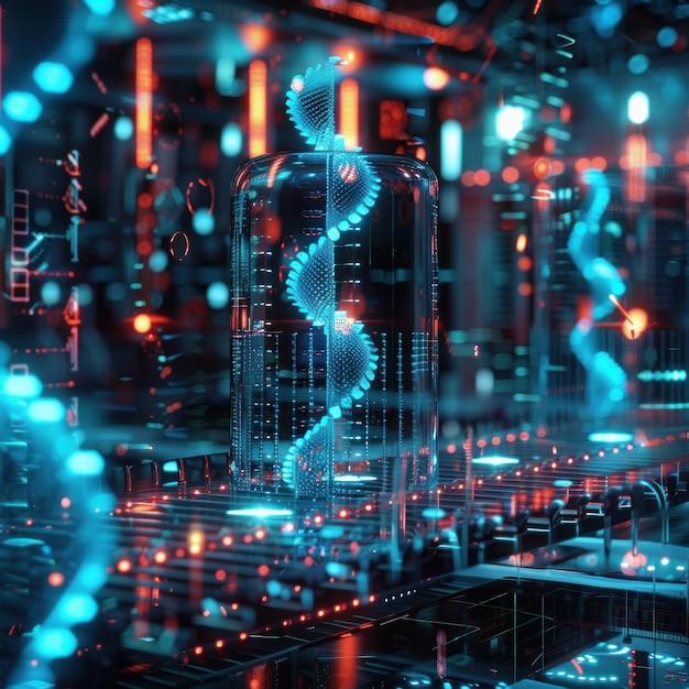 Futuristische lab scène die de doorbraken in Genetische Ingenieurswese DNA strengen zichtbaar illustreert