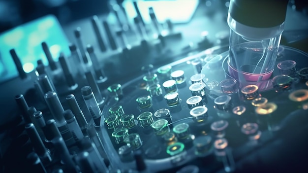 Futuristische laboratoriumapparatuur met reageerbuizen op tafel