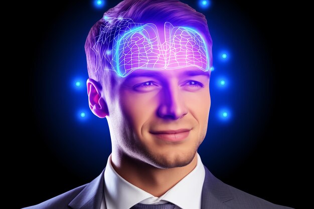 Foto futuristische man die samensmelt met technologie die de fusie van menselijke intelligentie en ai symboliseert