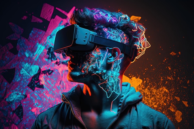 Futuristische man in virtual reality-bril op de achtergrond van een neonstad Cyberpunk retrowave synthwave high definition art generatieve kunstmatige intelligentie