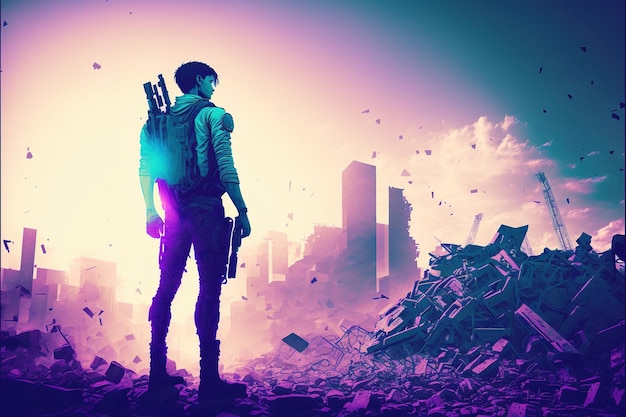 Futuristische man met hightech wapens staande op het puin digitale kunststijl illustratie schilderij fantasie illustratie van een futuristische man met wapen in handen