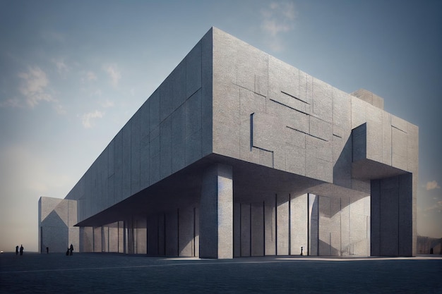 Futuristische middeleeuwse deur in betonnen gebouw tegen blauwe lucht