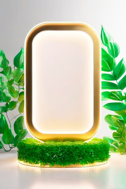 Futuristische minimale scène 3d Leeg voetstuk podium in gouden en groene kleuren met groene bladeren