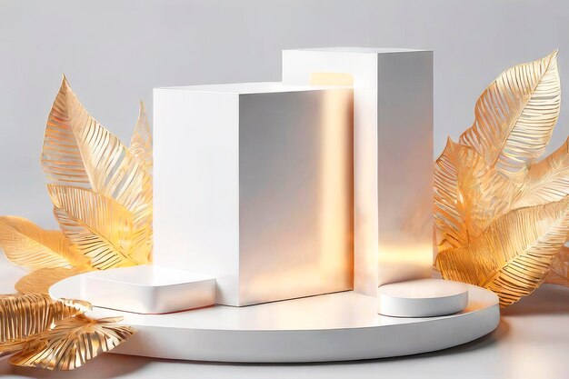 Futuristische minimale scène Leeg podium met bladeren in gouden en witte kleuren