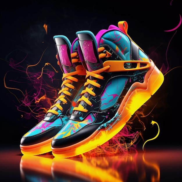 Futuristische mode sneakers op levendige abstracte achtergrond