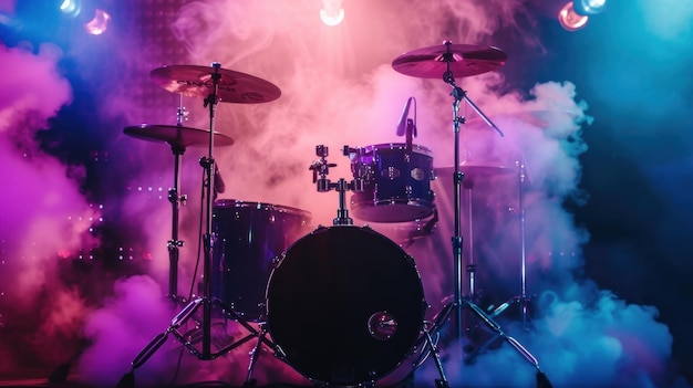 Futuristische moderne drums op het podium met gekleurde rook en verlichting op de achtergrond