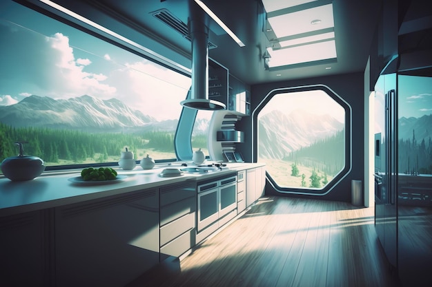 Futuristische moderne keuken met slimme technologie en veel natuurlijk licht dat binnenkomt door grote ramen op een zonnige zomerdag Generatieve AI