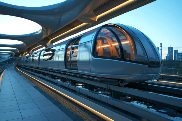 Futuristische monorail die met een hogesnelheidstrein rijdt, gegenereerd door AI