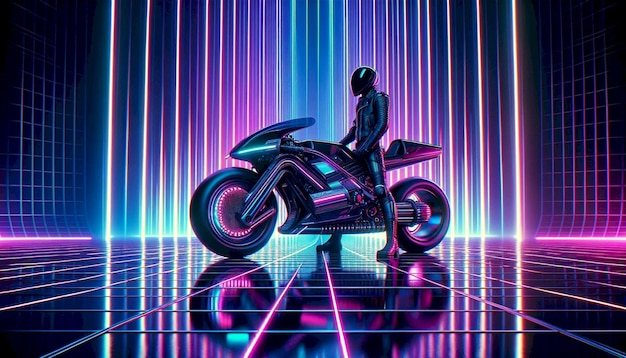 Futuristische motorfiets met een neon cyberpunk achtergrond