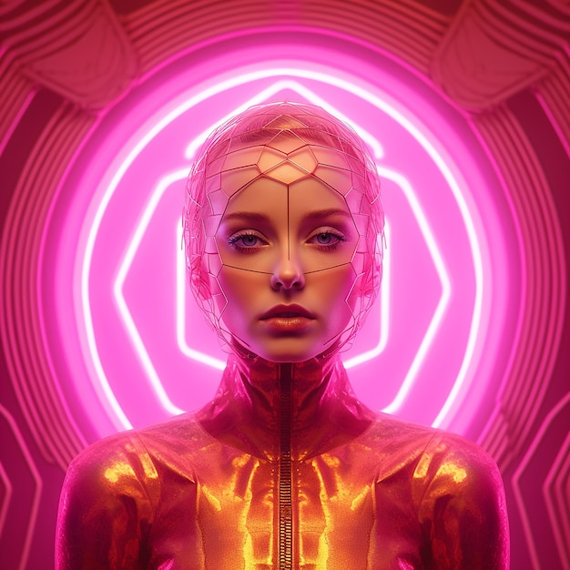 Futuristische Neon Portretten Glamurose Cyber Vrouwen in levendige tinten van Neon Lichten en Geometrische Overlay