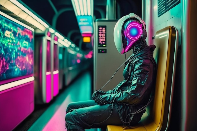 Futuristische neon robot cyborg luistert naar muziek met een koptelefoon in de metro illustratie Generatieve AI