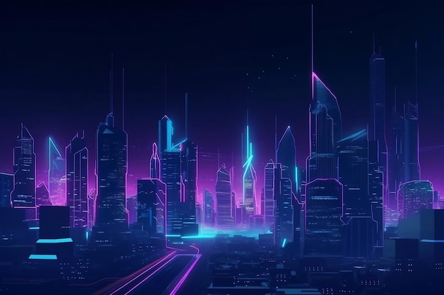 Futuristische neon verlichte megapolis met wolkenkrabbers generatieve ai