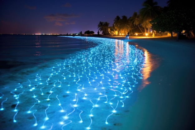 Futuristische neonlichten op het strand's nachts Malediven Bio-luminescentie Nachtstrandscène op de Malediven met bio-luminescerend plankton dat de waterlijn verlicht AI gegenereerd
