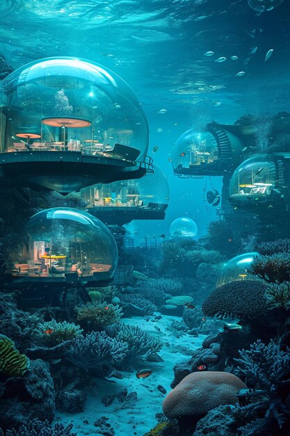 Futuristische onderwaterstad met transparante koepels