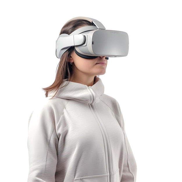 Futuristische ontwerpreis Vrouwelijke VR Vision Pro in actie op witte achtergrond