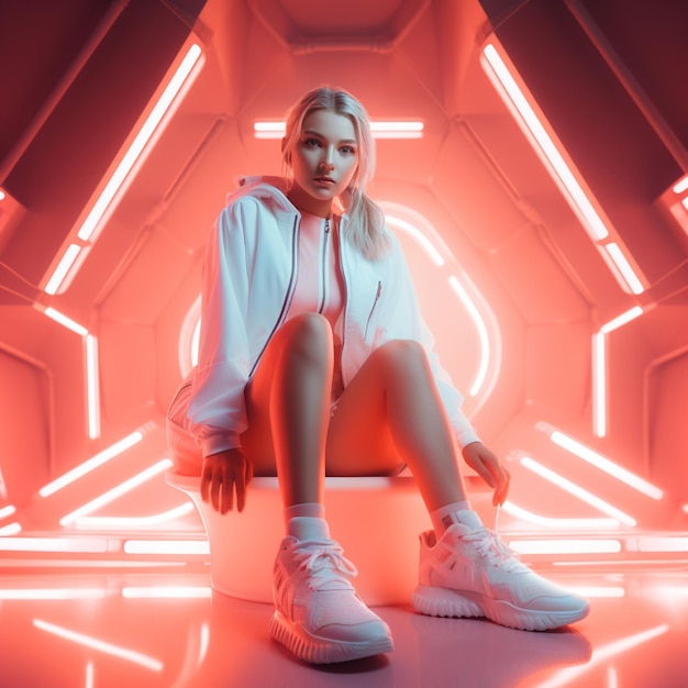 Futuristische opname van een mooie vrouw in futuristische kleren en sneakers.