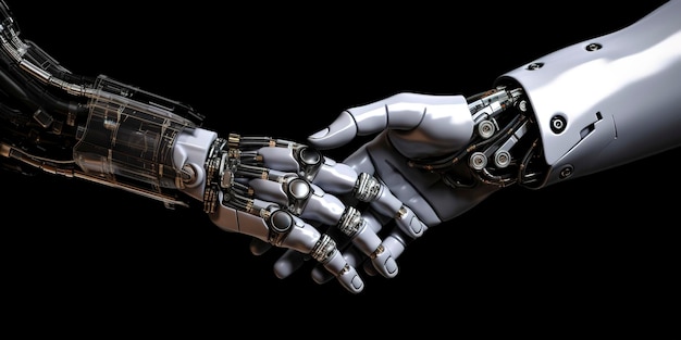 Futuristische partnerschapshanddruk tussen een mens en een cyborghand Generatieve AI