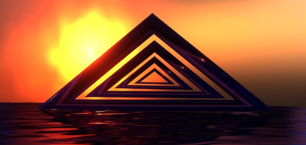 Futuristische piramide met ondergaande zon achtergrond Driehoekige glazen blokken met 3d render gradiënt gaan in de verte op zee golven Fantastisch panorama met water reflecties van rijzende zon