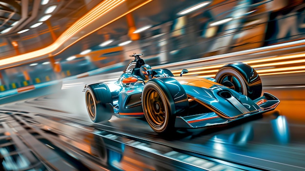 Futuristische raceauto's die snel rijden op een neonverlichte baan Highspeed motorsport concept met dynamische motion blur Levende kleuren en modern design in actie AI