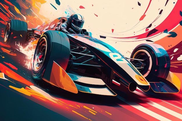 Futuristische raceformule bij snelle rit tot finish Post product generatieve AI digitale illustratie Racewagen in beweging Krachtige acceleratie van een auto op een nachtbaan met kleurrijke lichten en paden