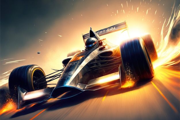 Futuristische raceformule op een snelle rit naar de finish mooie poster of desktop wallpaper warme kleuren dominantie competitie dorst naar overwinning winnaar tegen de achtergrond van zonsondergang AI