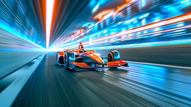 Futuristische racewagen die snel rijdt op een Blur Motion Track Concept van HighSpeed Competition Levende kleuren en Dynamische Beweging AI