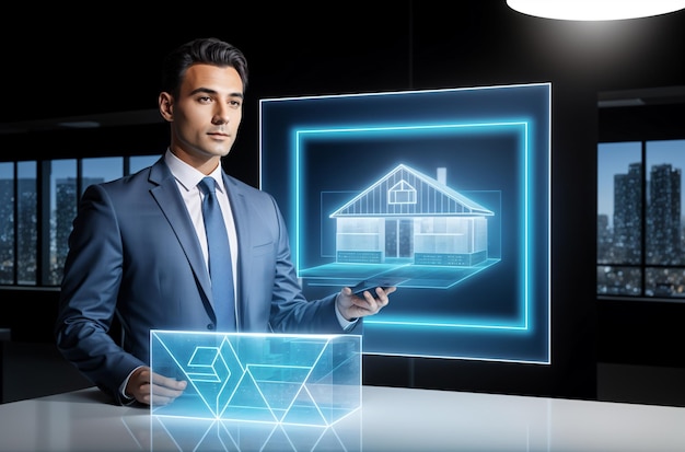 Futuristische Real Estate Tech Suited man aan een modern bureau met holografische bekwaamheid in onroerend goed