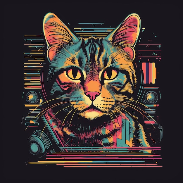 Futuristische Retro Neon Graffiti Kat Portret Digitale Illustratie met 80s Synthwave Vaporwave Aesthe