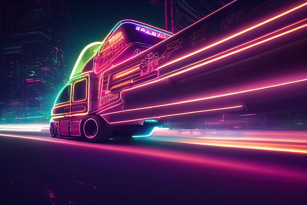 Futuristische retro wave synth wave auto Grote vrachtwagen Retro vrachtwagen met neon achtergrondverlichting contouren