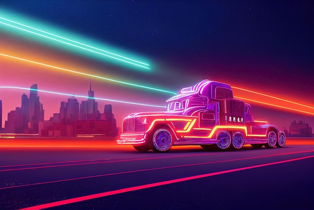 Futuristische retro wave synth wave auto Grote vrachtwagen Retro vrachtwagen met neon achtergrondverlichting contouren
