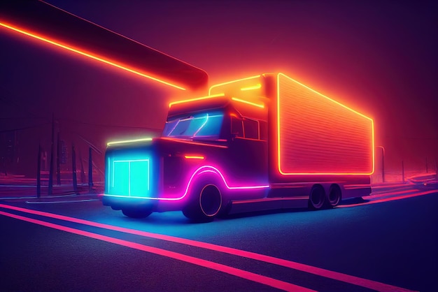 Futuristische retro wave synth wave auto Grote vrachtwagen Retro vrachtwagen met neon achtergrondverlichting contouren