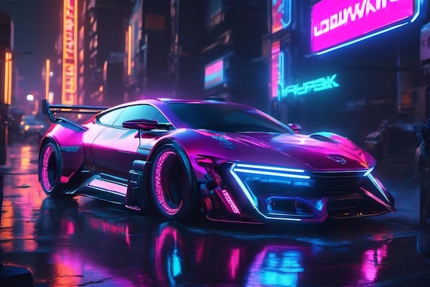 Futuristische retro wave synth wave auto Neon Cyber sportwagen met neon cyber city achtergrond