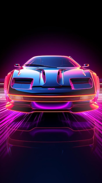 Futuristische retro wave synth wave auto retro sportwagen met neon achtergrondverlichting contouren