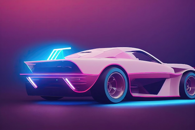 Futuristische retro wave synth wave auto Retro sportwagen met neon achtergrondverlichting contouren