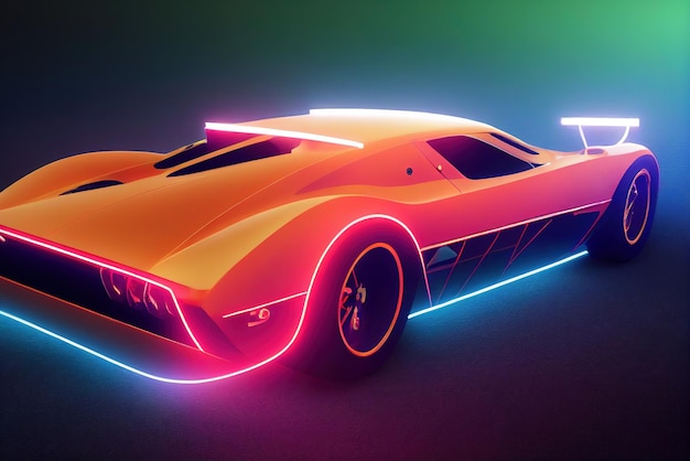 Futuristische retro wave synth wave auto Retro sportwagen met neon achtergrondverlichting contouren