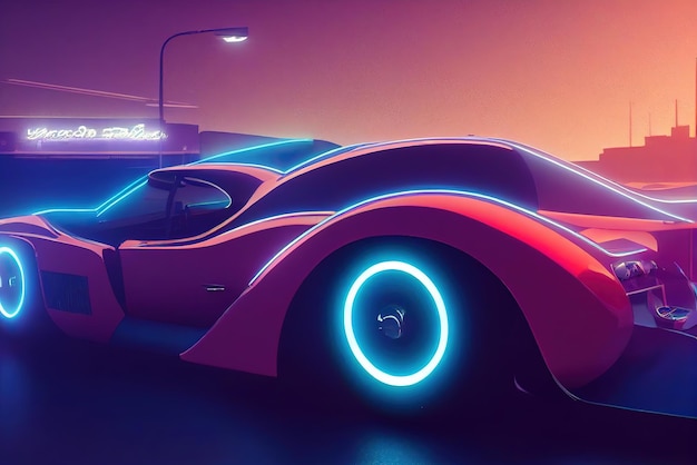 Futuristische retro wave synth wave auto Retro sportwagen met neon achtergrondverlichting contouren