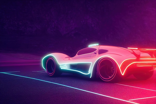 Futuristische retro wave synth wave auto Retro sportwagen met neon achtergrondverlichting contouren