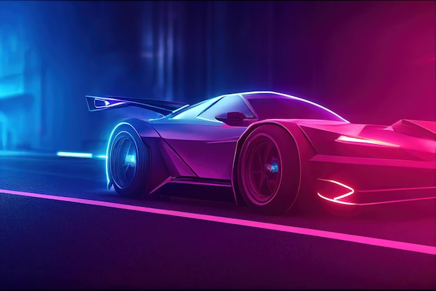 Futuristische retro wave synth wave auto Retro sportwagen met neon achtergrondverlichting contouren