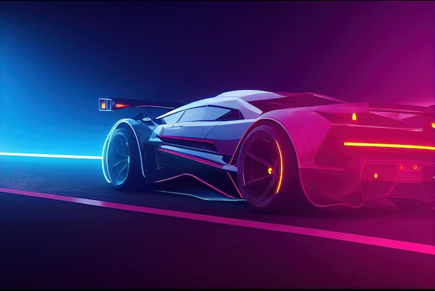 Futuristische retro wave synth wave auto Retro sportwagen met neon achtergrondverlichting contouren