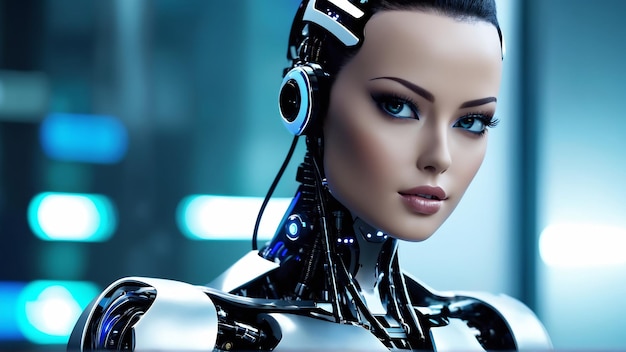 Futuristische robot AI denkende robot android hoofd humanoïde hoofd portret cyborg 8k