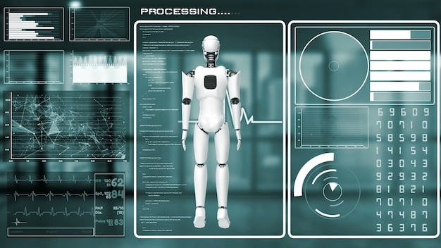 Futuristische robot, kunstmatige intelligentie cgi big data-analyse en programmeren