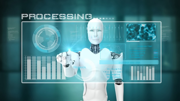 Futuristische robot, kunstmatige intelligentie CGI big data-analyse en programmering