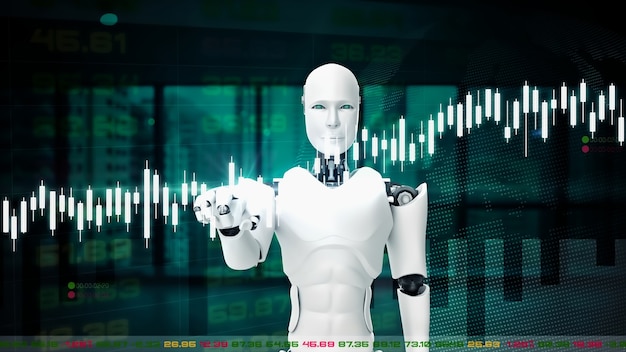 Futuristische robot, kunstmatige intelligentie CGI voor handel op de beurs