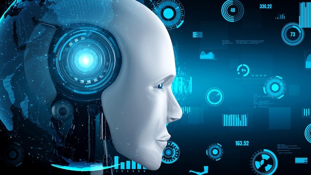Futuristische robot kunstmatige intelligentie huminoïde AI voor industriële fabrieken
