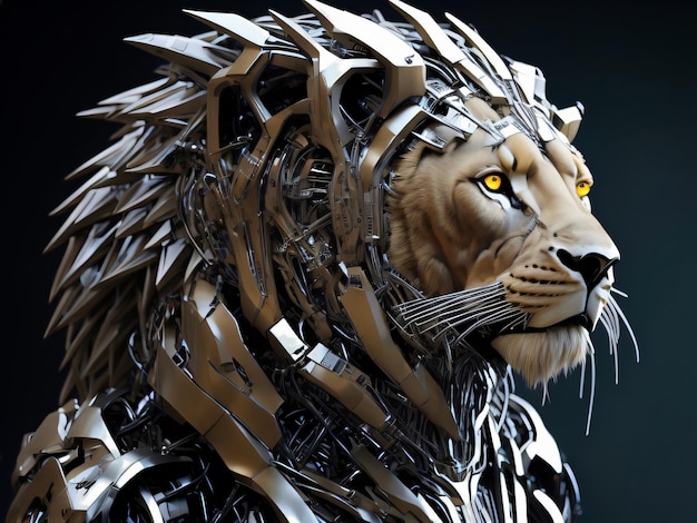 Futuristische robot leeuw krijger in dreigende metalen pak illustratie