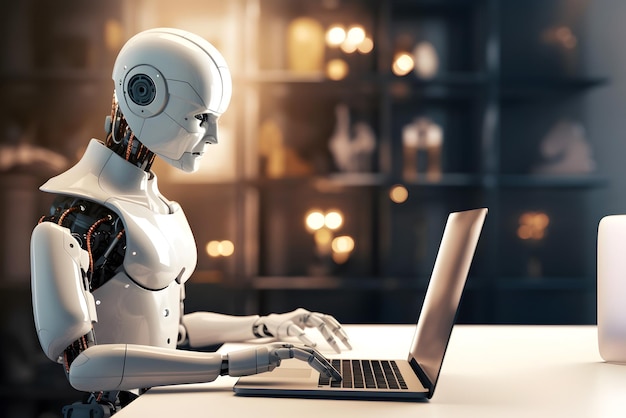Futuristische robot met behulp van laptop Concept van toekomstige technologie machine learning of automatisering