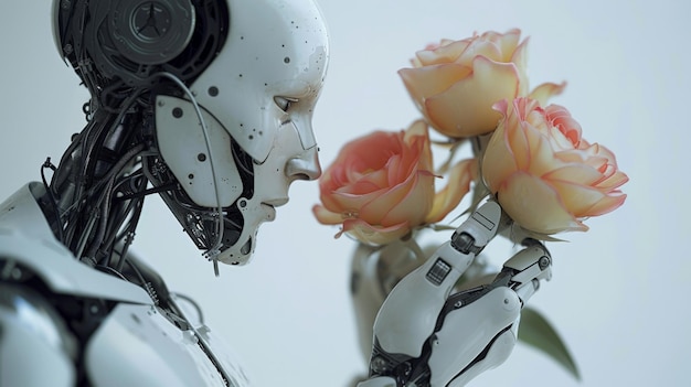 Foto futuristische robot met een boeket bloemen op een witte achtergrond met de woorden robot en robot liefde geschreven