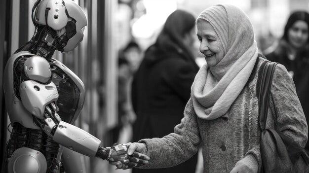 Futuristische robot schudt oude vrouw de hand Mooie illustratie foto Generatieve AI