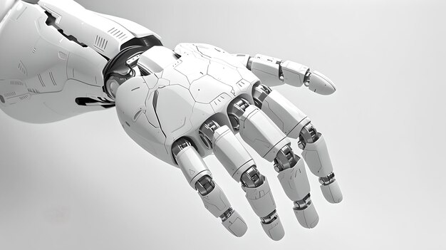 Futuristische robothand Geavanceerd prothetisch apparaat Gearticuleerde robottechnologie Zwart-wit beeldstijl Moderne ingenieursontwerp AI
