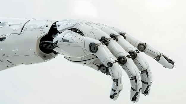 Futuristische robothand met gewrichtsvinger Geavanceerde technologie Concept Cybernetisch organisme Gedetailleerde robotliem Science and Innovation AI